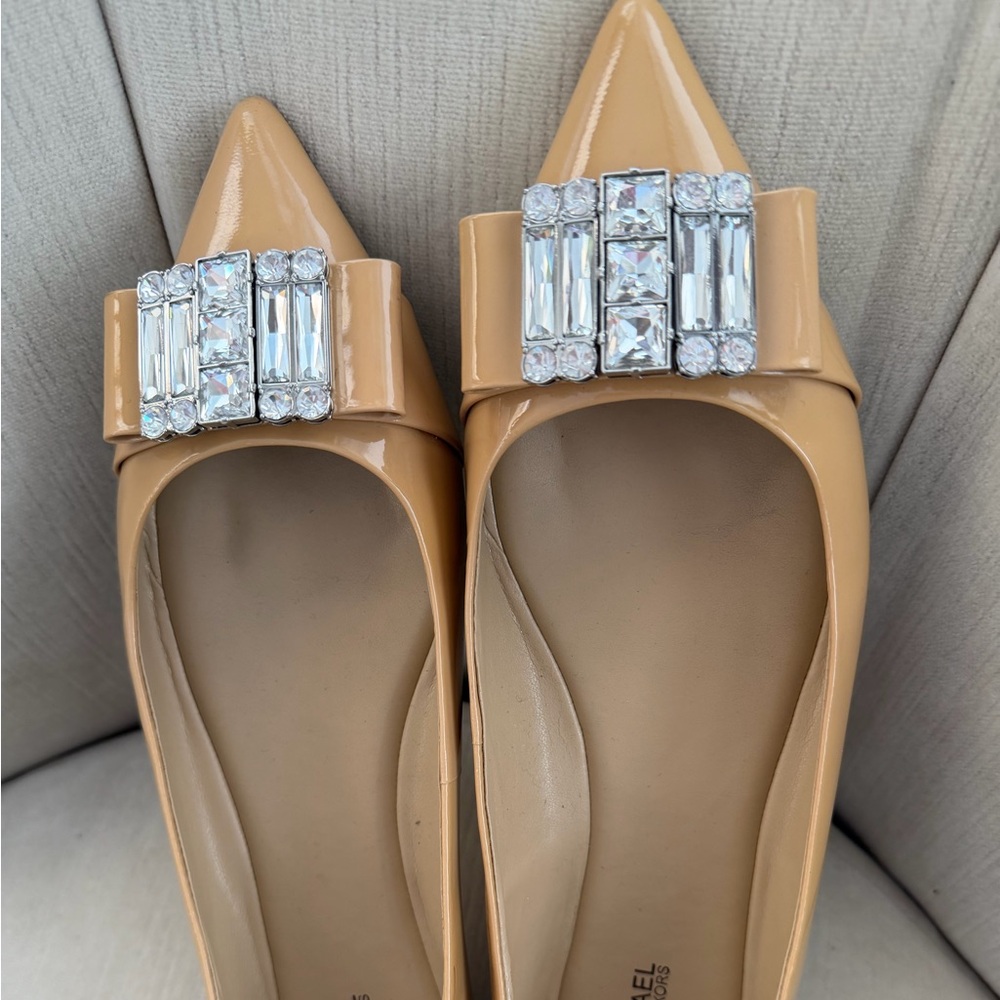 Michael Kors sand color pointy flat with silver rhinestones